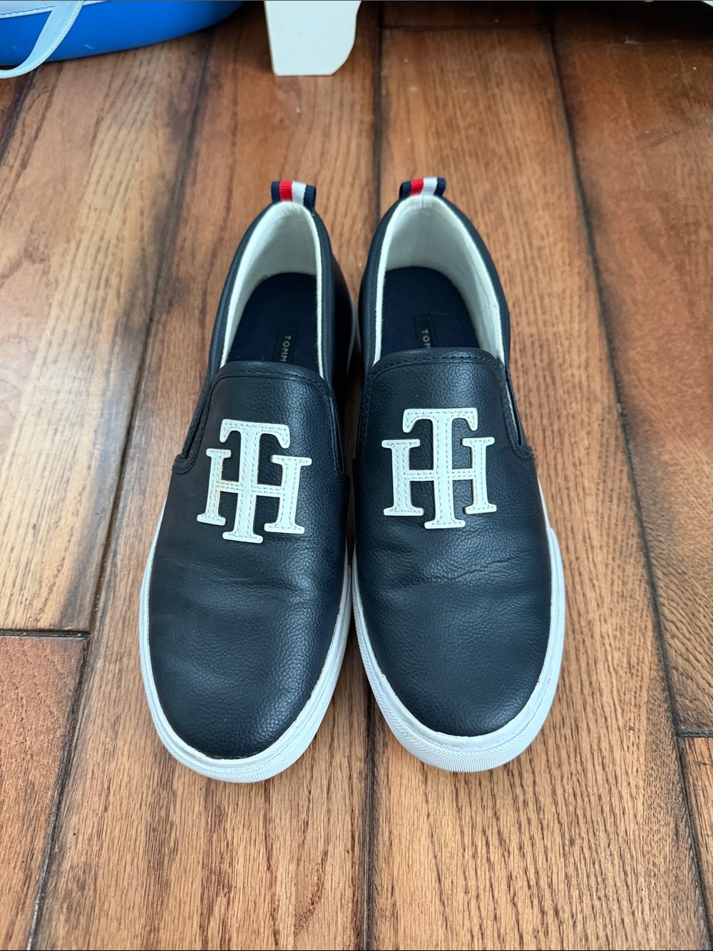 Tommy Hilfiger Navy Blue Leather Slip-On Loafers with White TH Logo